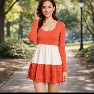 Reborn Orange & Cream Scoop-Neck Tiered Mini Dress
